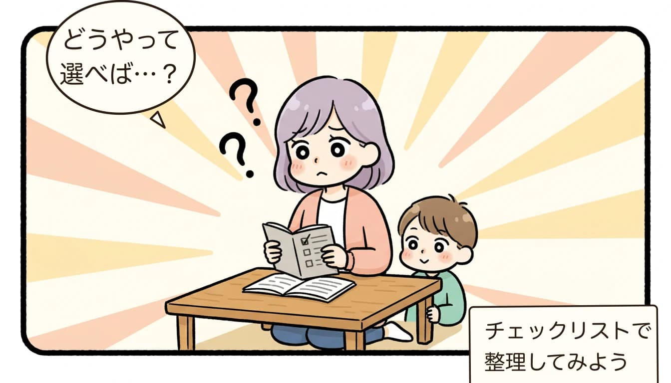 学童やめたら放課後どうする？小4の壁と学童卒業後の過ごし方ガイド【2026年版】を考える母親がチェックリストを見ながら悩むコミックエッセイ風イラスト