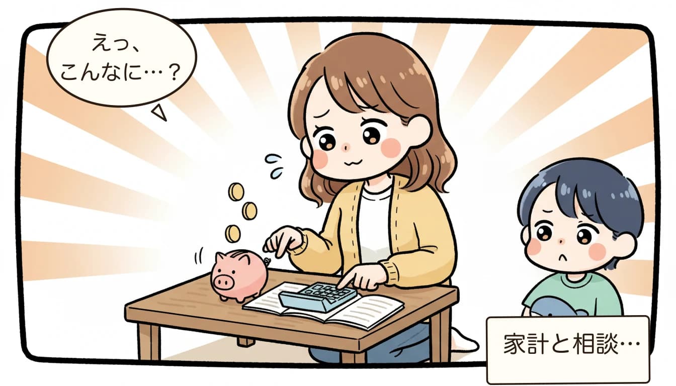 学童+習い事の年間費用シミュレーション｜家計への影響は？【2026年最新】について電卓をたたいて悩む母親のコミックエッセイ風イラスト