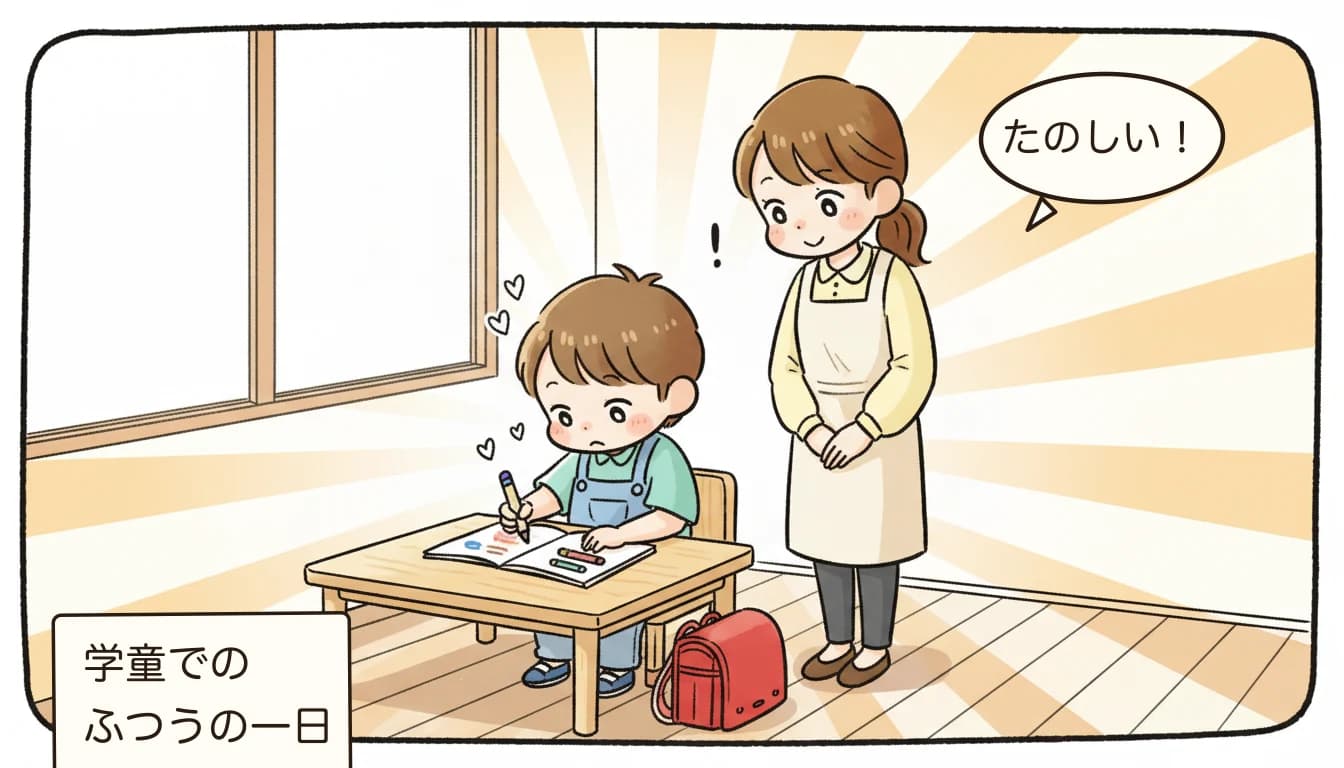 学童保育で子どもが楽しく過ごす日常を描いたコミックエッセイ風イラスト