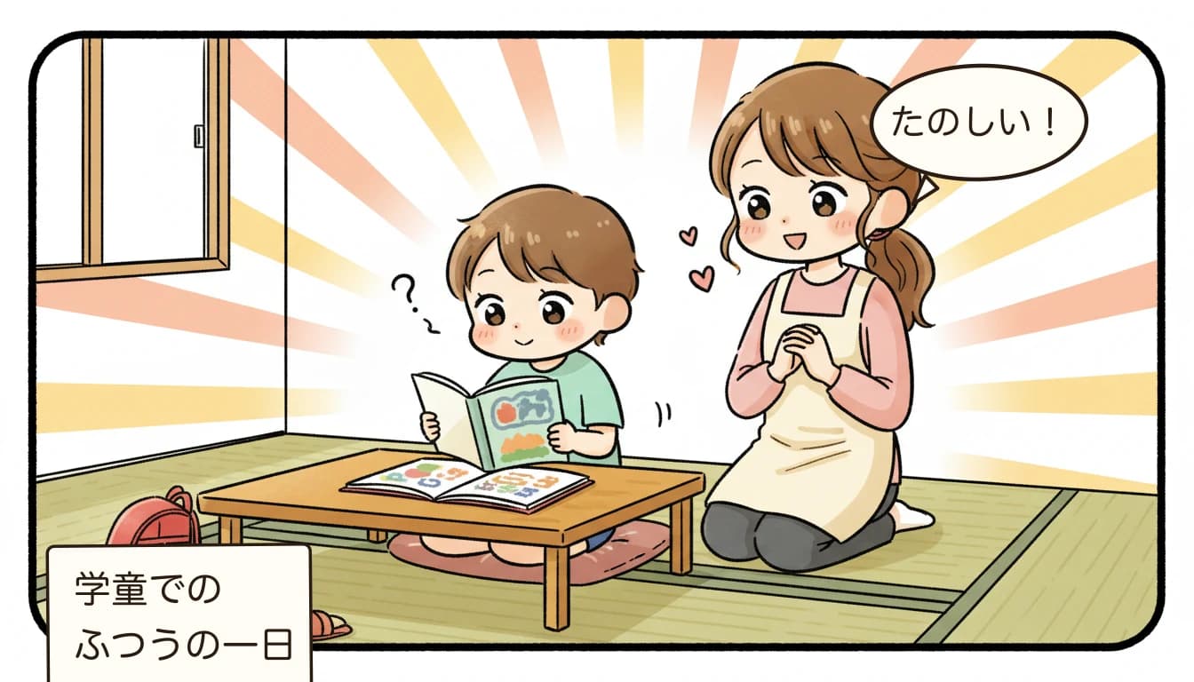 学童保育で子どもが楽しく過ごす日常を描いたコミックエッセイ風イラスト