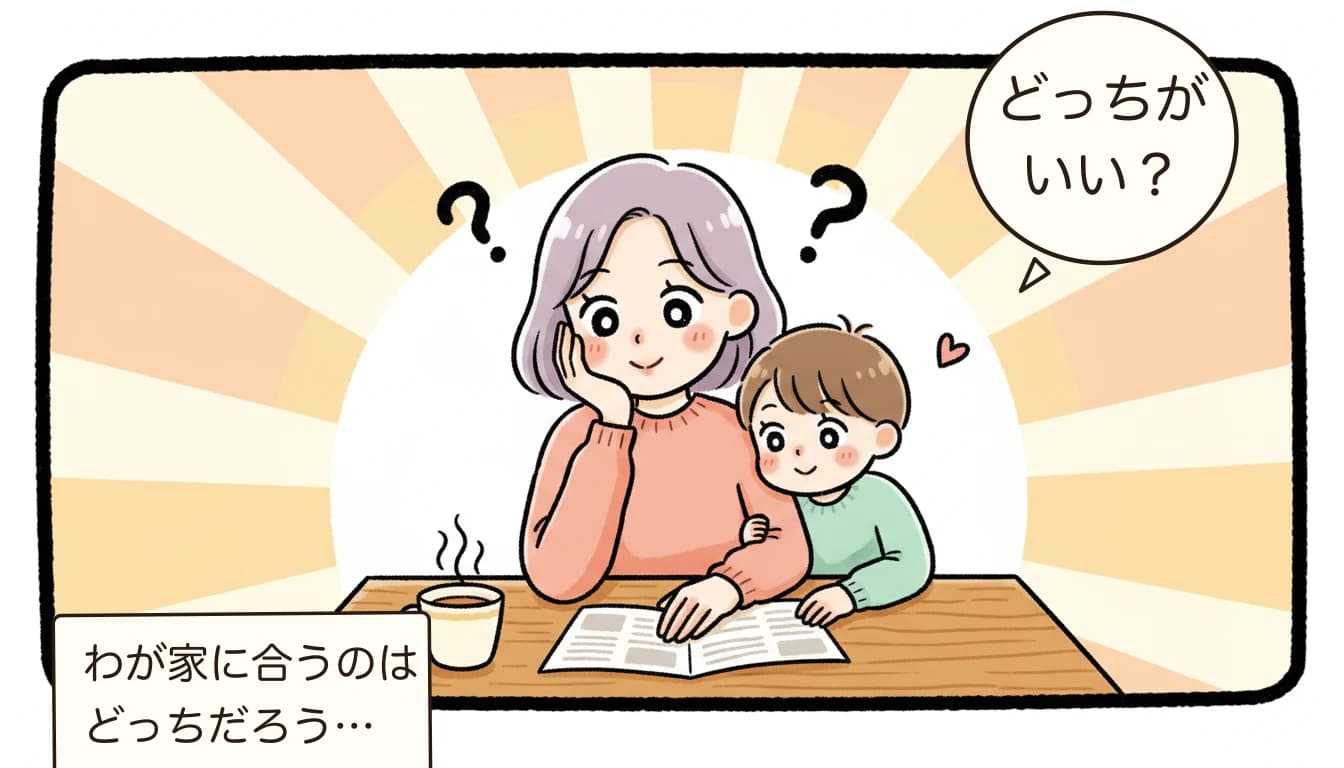 2つの選択肢を比較検討する母親と子どものコミックエッセイ風イラスト