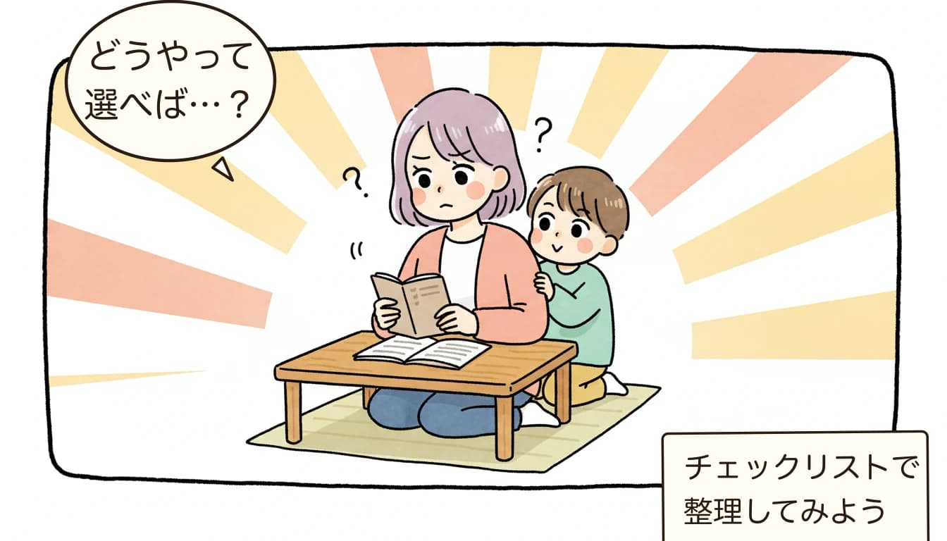 学童保育の選び方チェックリスト15項目【2026年最新】を考える母親がチェックリストを見ながら悩むコミックエッセイ風イラスト
