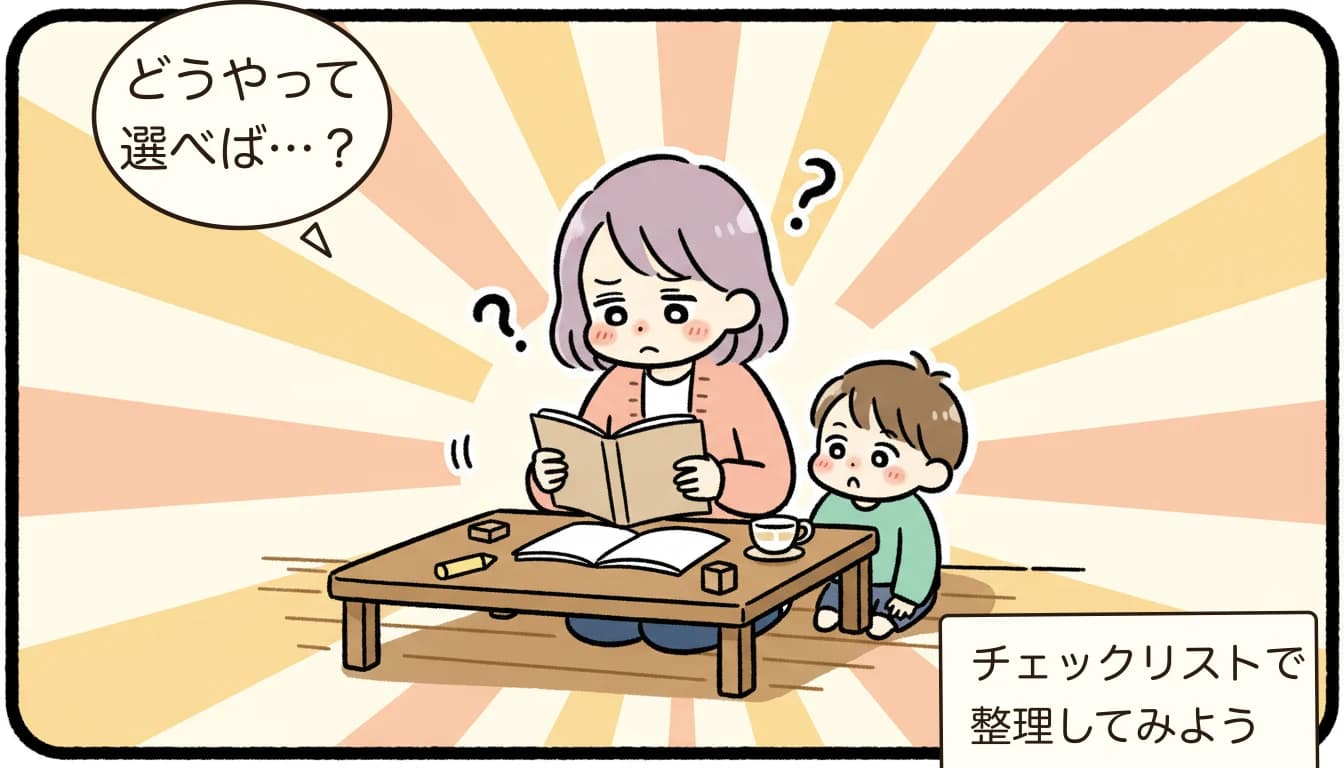 発達障害・グレーゾーンの子どもの学童選び｜受け入れ体制と放課後デイとの使い分け【2026年版】を考える母親がチェックリストを見ながら悩むコミックエッセイ風イラスト