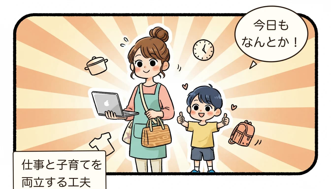 仕事と子育てを両立する共働きママと応援する子どもを描いたコミックエッセイ風イラスト