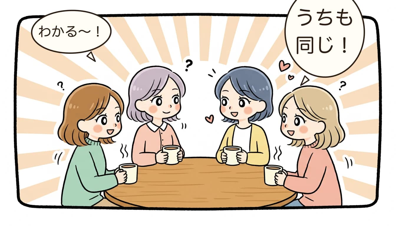 4人の母親が本音で語り合う座談会のコミックエッセイ風イラスト