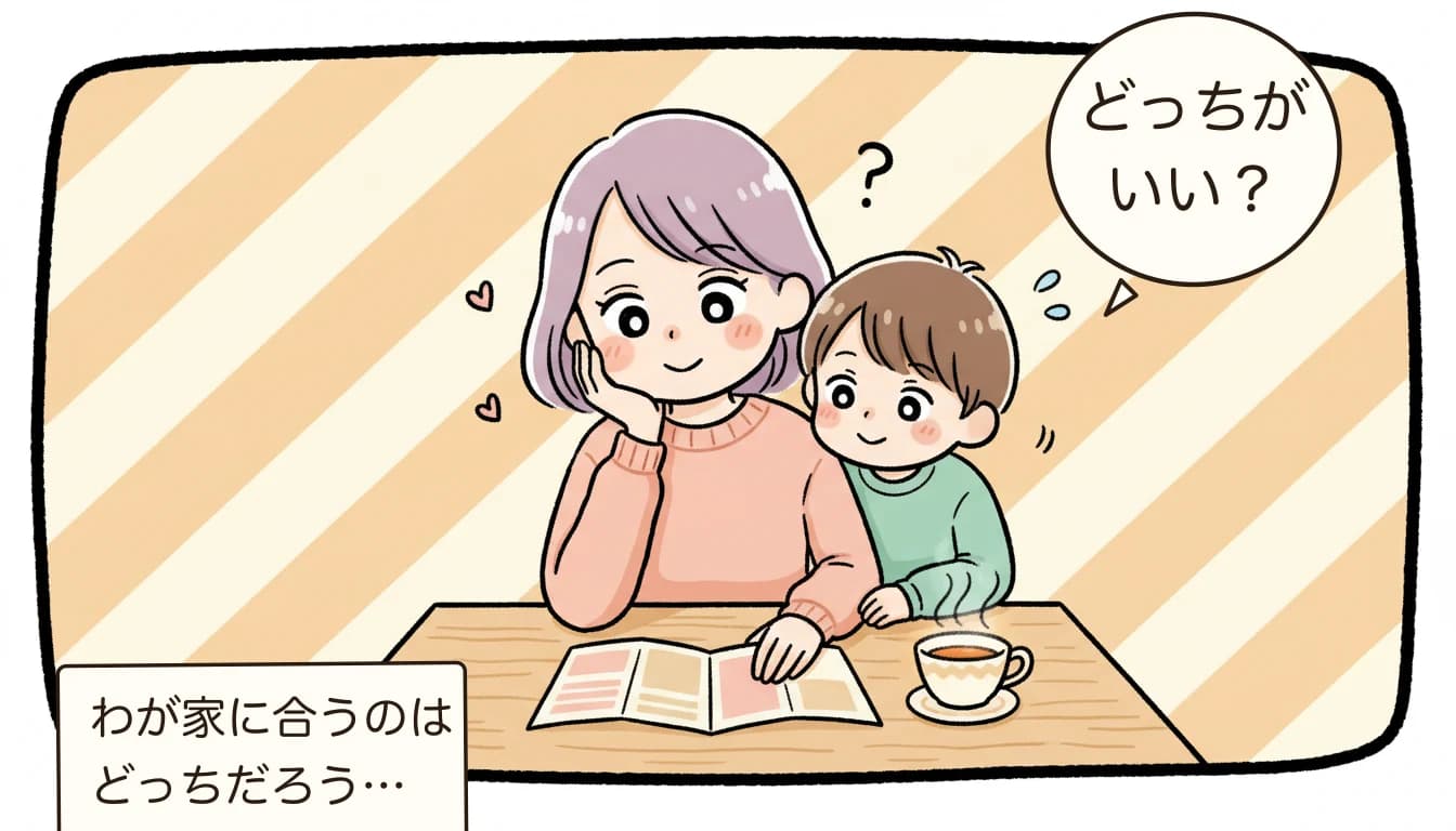 2つの選択肢を比較検討する母親と子どものコミックエッセイ風イラスト