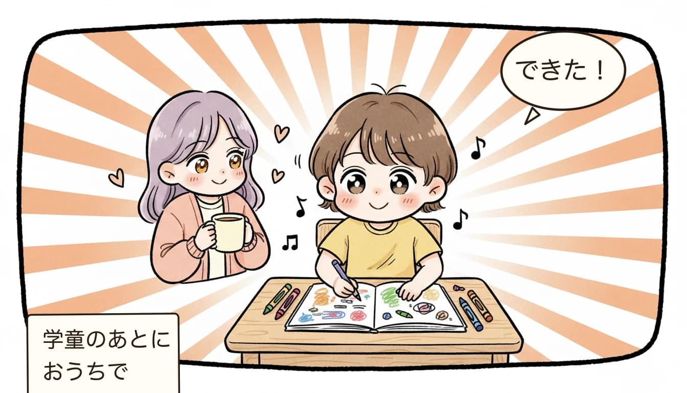 英語学童のおすすめ比較｜ネイティブ・英語漬け・英検対応【2026年最新】に取り組んで楽しむ小学生と見守る母親を描いたコミックエッセイ風イラスト