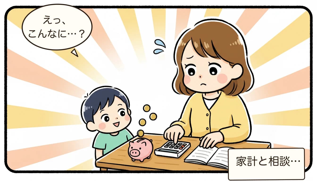 学童の入会金・教材費・保険料…隠れた費用の全リスト【2026年最新】について電卓をたたいて悩む母親のコミックエッセイ風イラスト