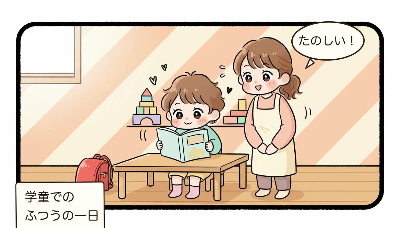 学童保育で子どもが楽しく過ごす日常を描いたコミックエッセイ風イラスト