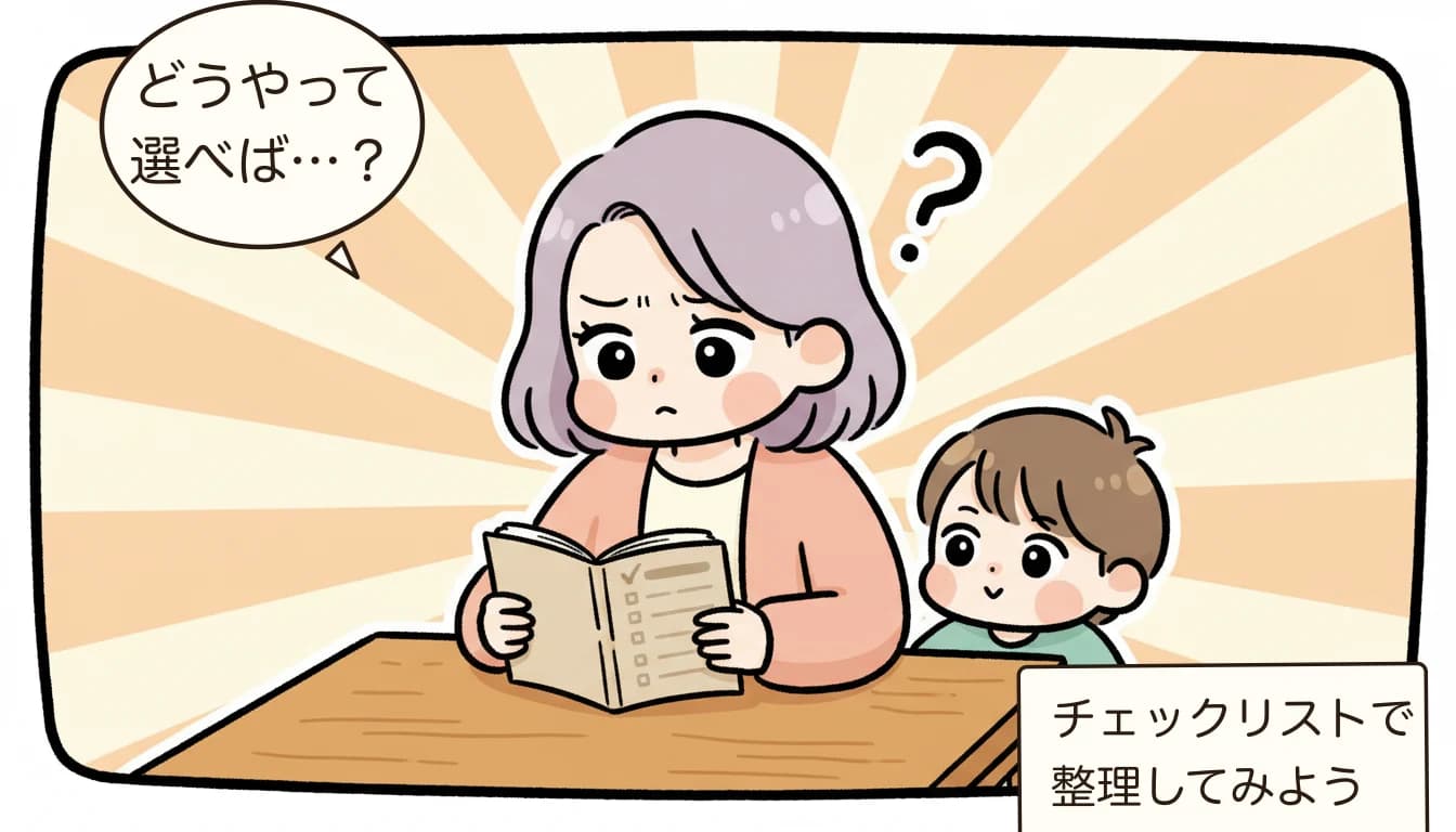 放課後児童クラブの申込方法｜就労証明書・必要書類・スケジュール完全ガイド【2026年度版】を考える母親がチェックリストを見ながら悩むコミックエッセイ風イラスト
