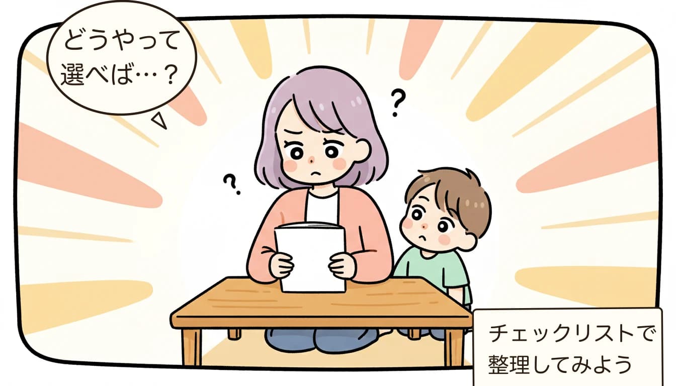 放課後児童クラブとは？学童保育との違い・利用条件・料金をゼロから解説【2026年版】を考える母親がチェックリストを見ながら悩むコミックエッセイ風イラスト