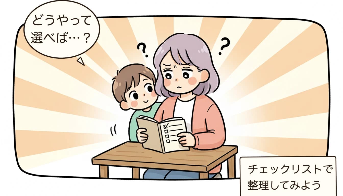 放課後児童クラブの開所時間と延長保育｜閉所18時でも働き続けるための5つの対策【2026年版】を考える母親がチェックリストを見ながら悩むコミックエッセイ風イラスト