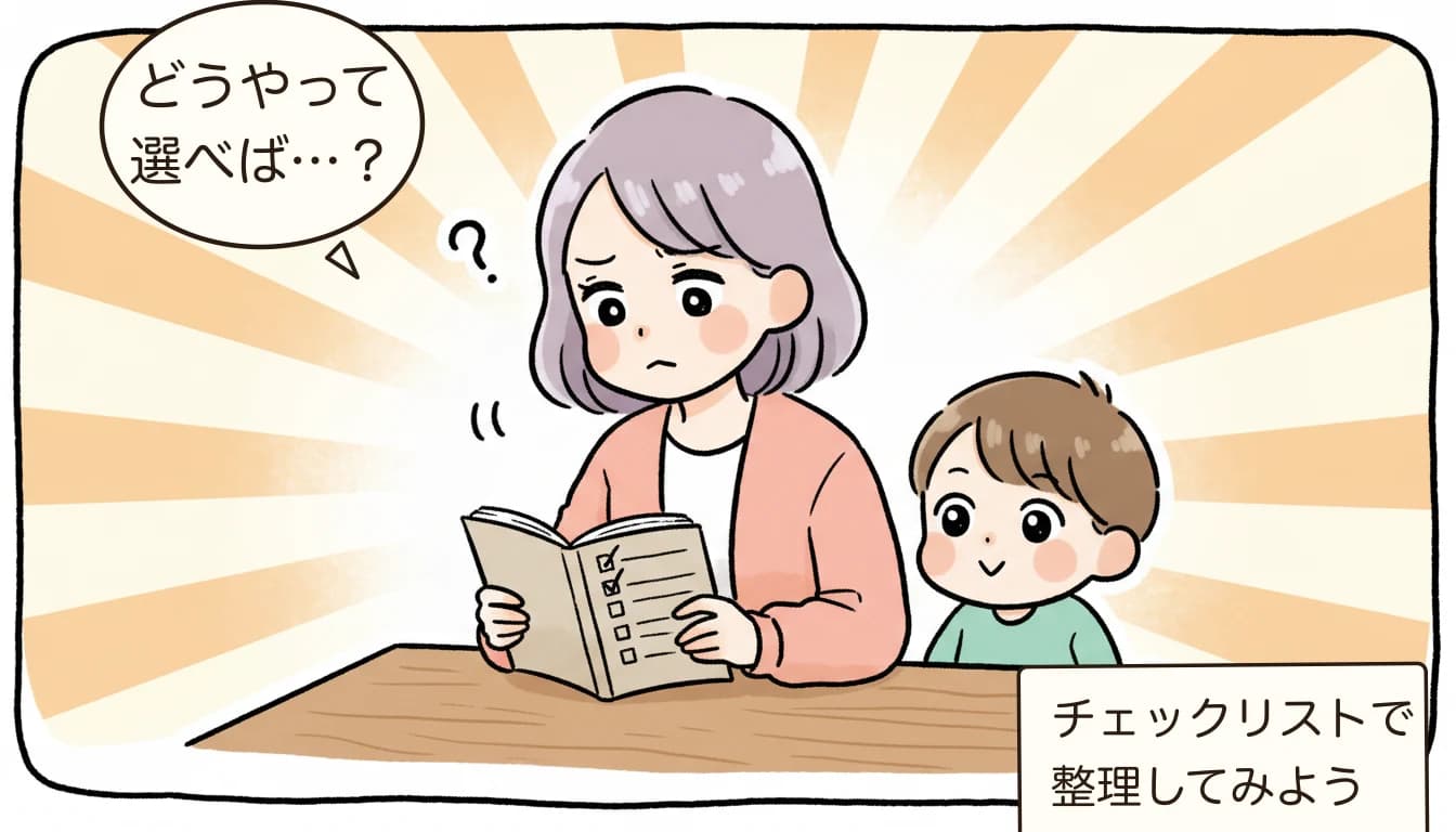 放課後児童クラブは高学年でも入れる？小4の壁と受け入れ実態【2026年版】を考える母親がチェックリストを見ながら悩むコミックエッセイ風イラスト