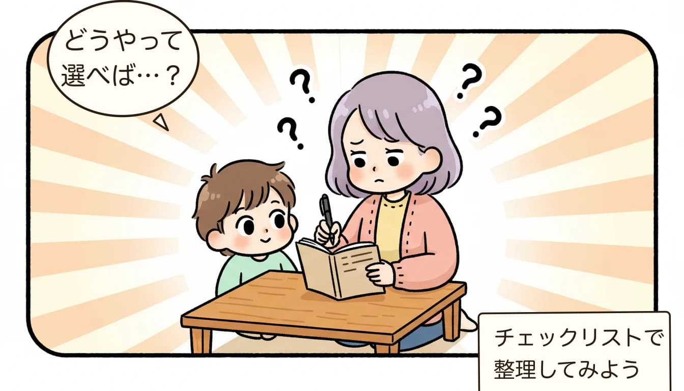 放課後児童クラブに落ちたらどうする？待機通知後の3つの選択肢と即日アクション【2026年版】を考える母親がチェックリストを見ながら悩むコミックエッセイ風イラスト