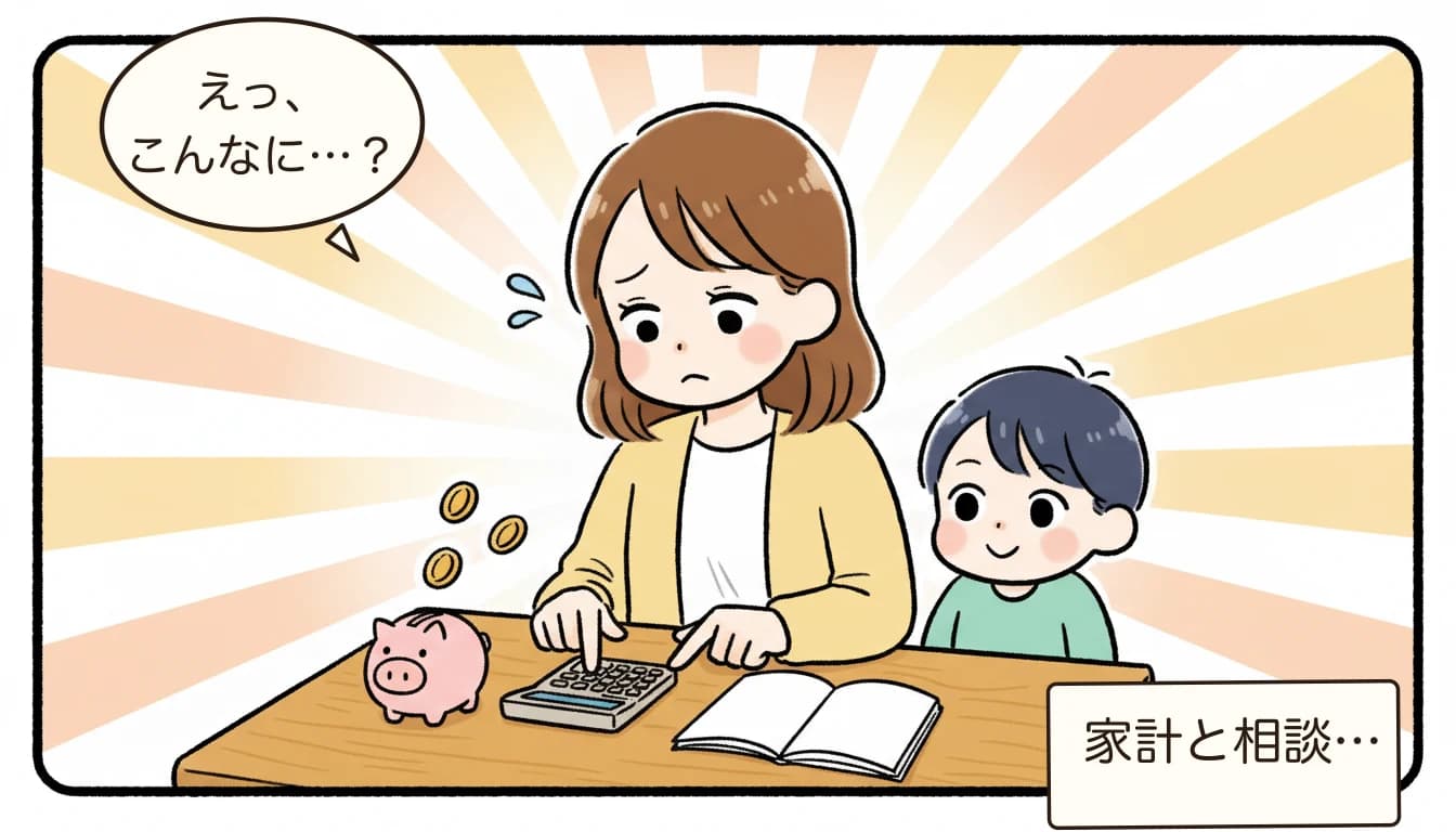 放課後児童クラブの料金は自治体でこれだけ違う｜21エリア公立学童の月額・年間費用比較【2026年度版】について電卓をたたいて悩む母親のコミックエッセイ風イラスト