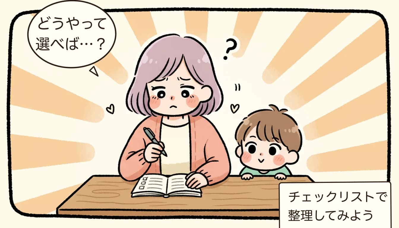 放課後児童クラブの指導員の質はどう見極める？見学時の7つのチェックポイント【2026年版】を考える母親がチェックリストを見ながら悩むコミックエッセイ風イラスト