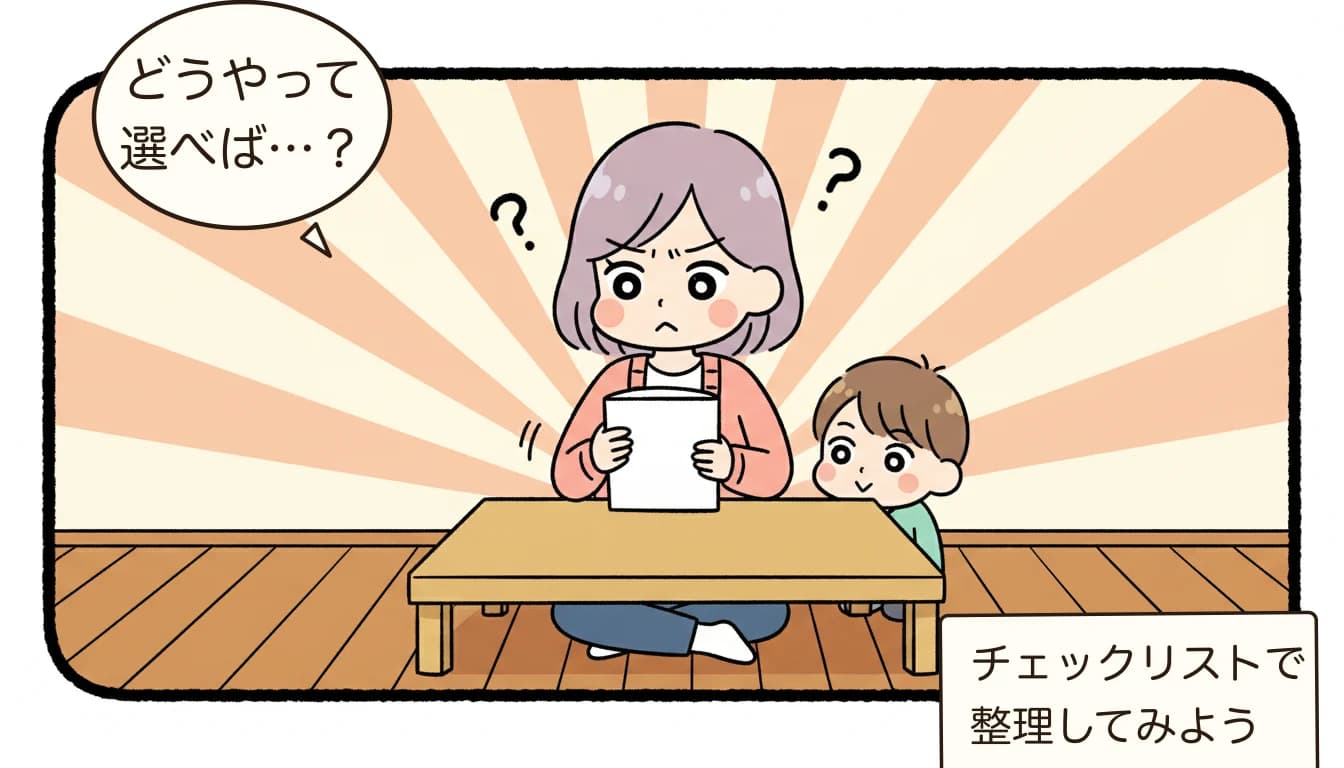 放課後児童クラブの設備運営基準をわかりやすく｜面積1.65㎡・定員40人ルールと現場の実態【2026年版】を考える母親がチェックリストを見ながら悩むコミックエッセイ風イラスト