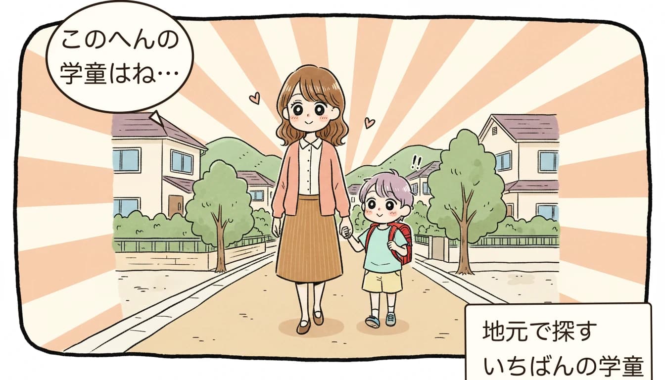 放課後児童クラブの待機児童 2026年最新データ｜首都圏の厳しい自治体と対策【2026年版】の地域を歩く親子のコミックエッセイ風イラスト