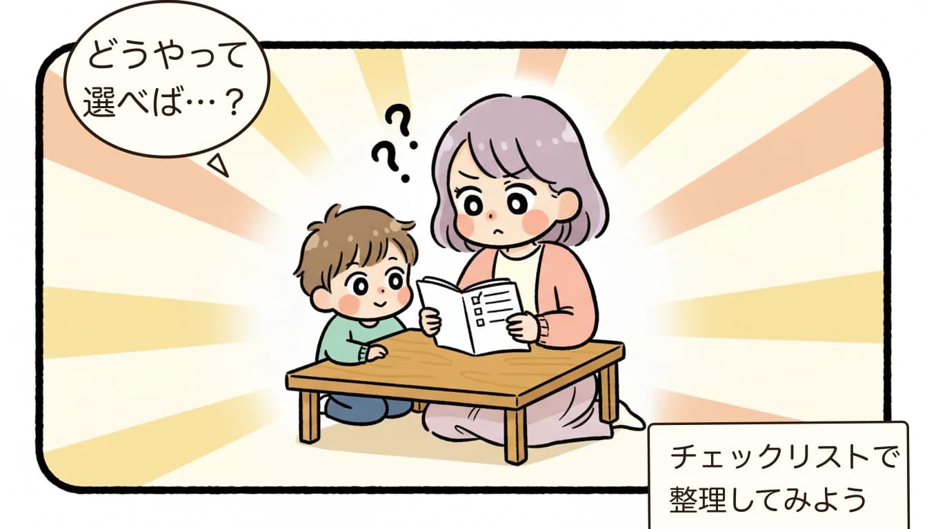 放課後児童クラブの対象年齢は何年生まで？児童福祉法の定めと自治体運用の実際【2026年版】を考える母親がチェックリストを見ながら悩むコミックエッセイ風イラスト