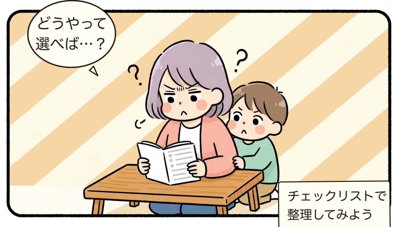 放課後児童支援員とは？資格・研修・仕事内容を現役支援員と会員の声で解説【2026年版】を考える母親がチェックリストを見ながら悩むコミックエッセイ風イラスト
