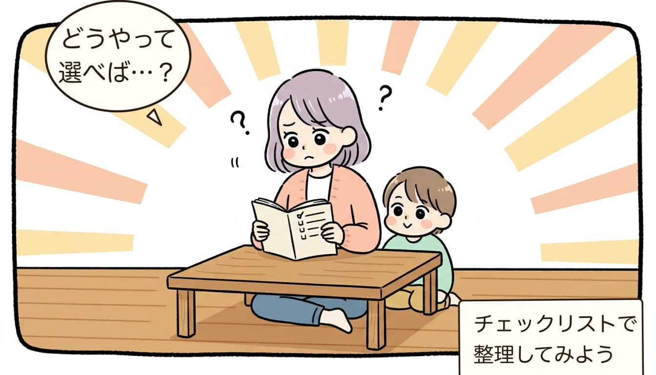 新・放課後子ども総合プランとは？2026年度の一体型放課後児童クラブの現状【2026年版】を考える母親がチェックリストを見ながら悩むコミックエッセイ風イラスト