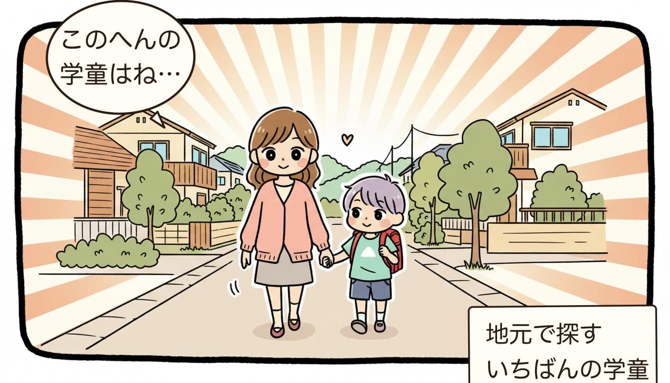 市川市の学童 空き状況・倍率・申込完全ガイド【2026年】の地域を歩く親子のコミックエッセイ風イラスト
