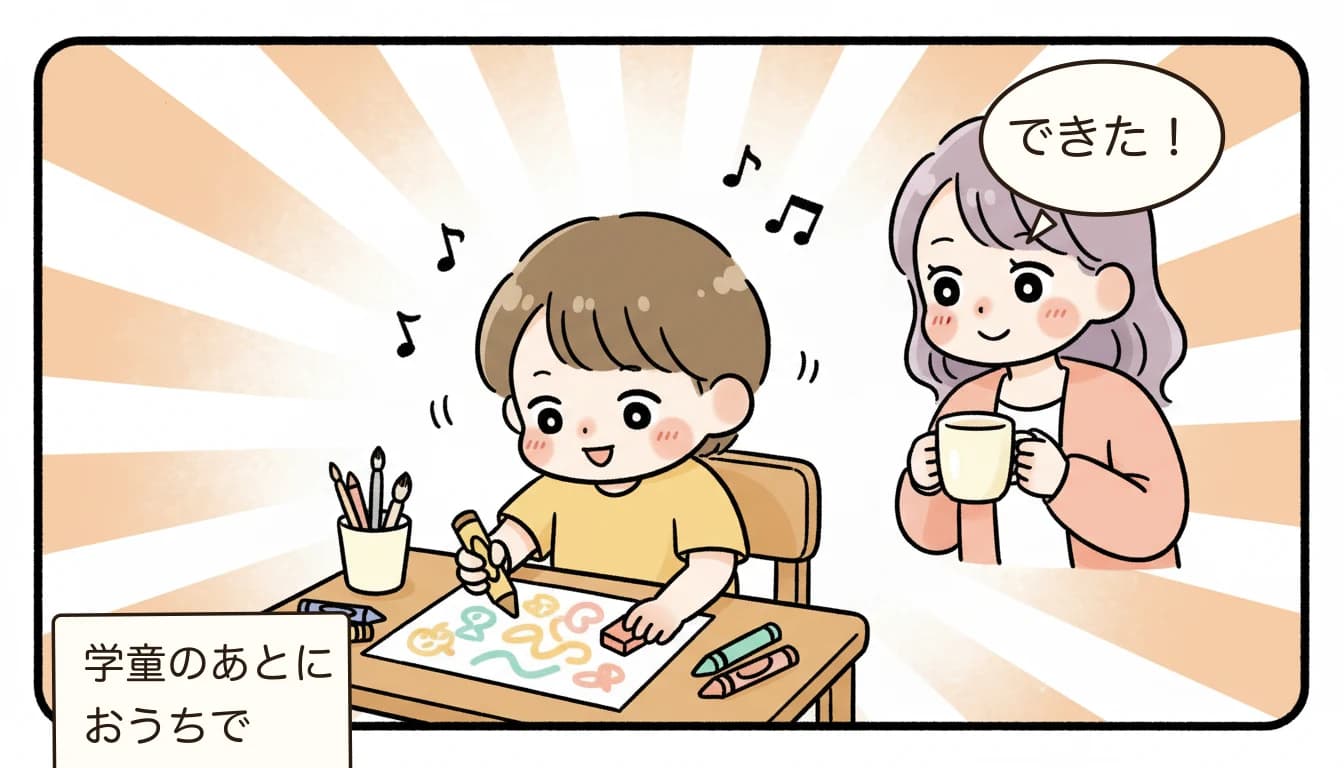 学童と塾の併用は可能？スケジュール調整と送迎の工夫に取り組んで楽しむ小学生と見守る母親を描いたコミックエッセイ風イラスト