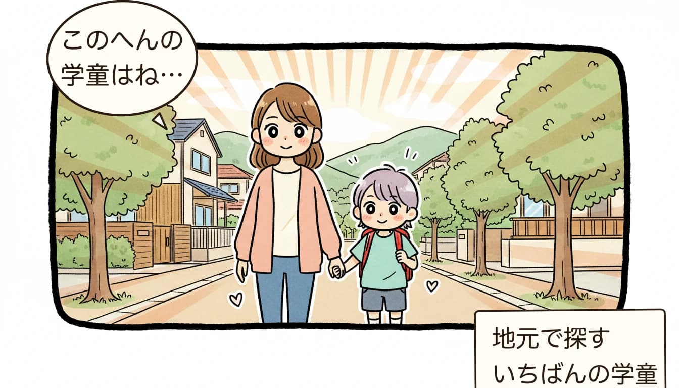 川崎市の学童保育「わくわくプラザ」の評判と実態の地域を歩く親子のコミックエッセイ風イラスト