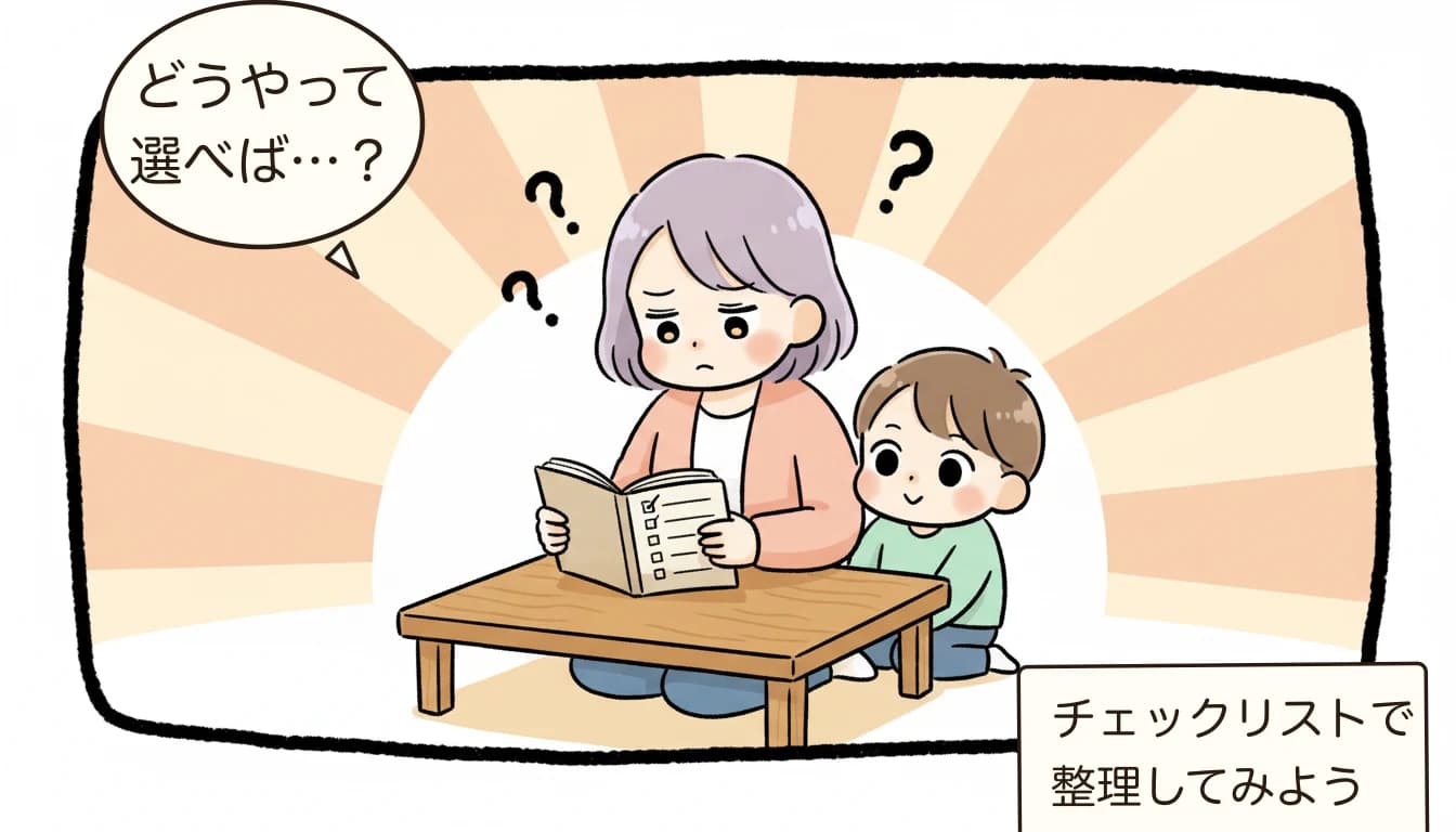 学童見学で必ず聞くべき15質問｜印刷可能チェックリスト付きを考える母親がチェックリストを見ながら悩むコミックエッセイ風イラスト