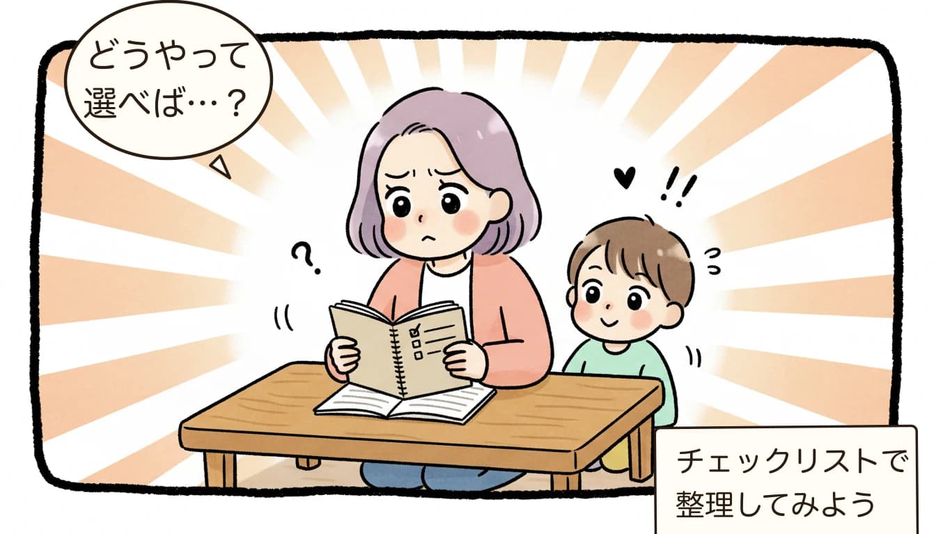学童の見学で必ず聞くべき質問20選｜先輩ママの後悔から学ぶ【2026年最新】を考える母親がチェックリストを見ながら悩むコミックエッセイ風イラスト