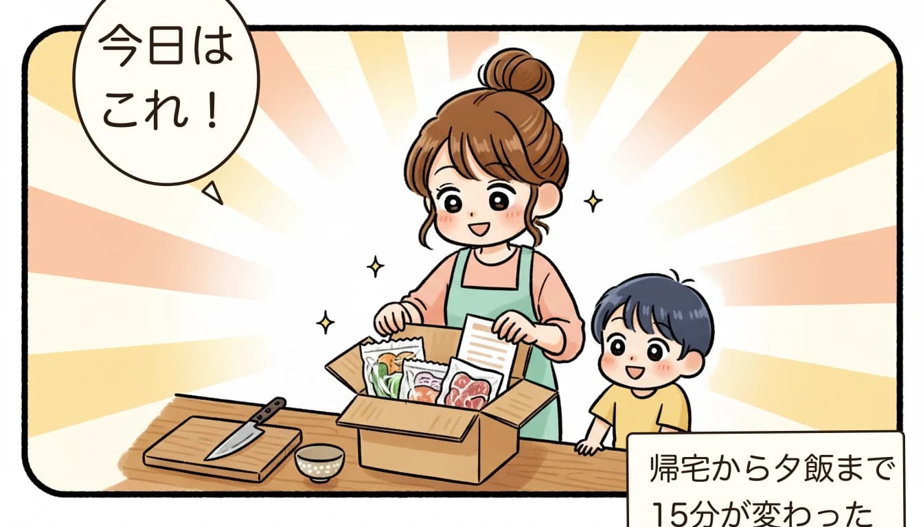 Kit Oisixのミールキット箱を開けて中身にワクワクする母親と、のぞき込む子どもを描いたコミックエッセイ風イラスト