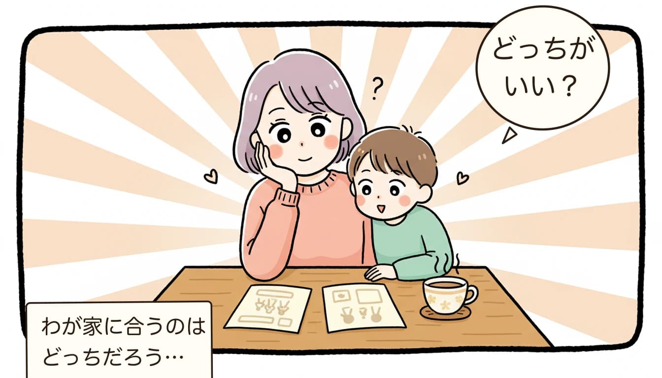 2つの選択肢を比較検討する母親と子どものコミックエッセイ風イラスト