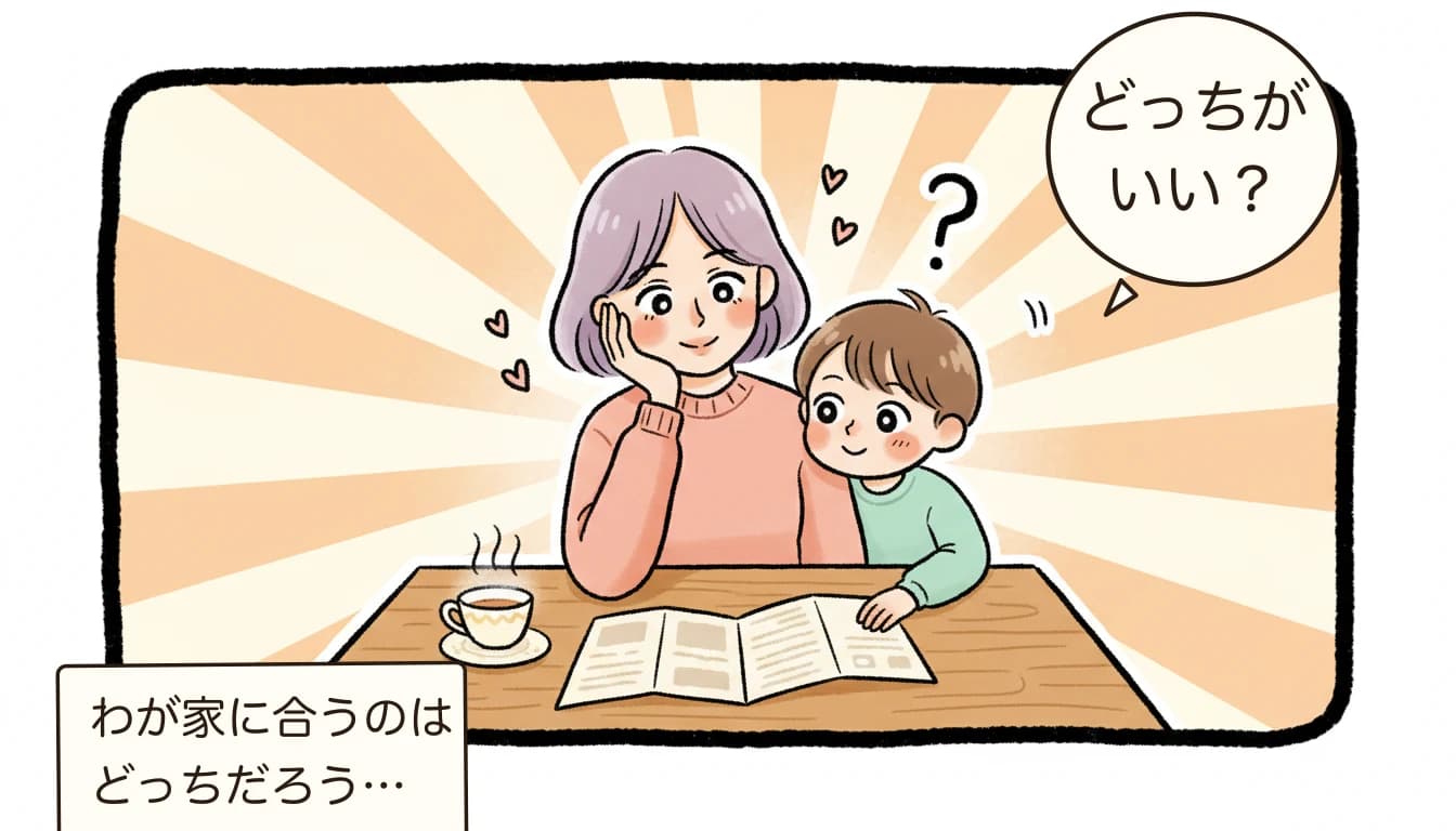 2つの選択肢を比較検討する母親と子どものコミックエッセイ風イラスト