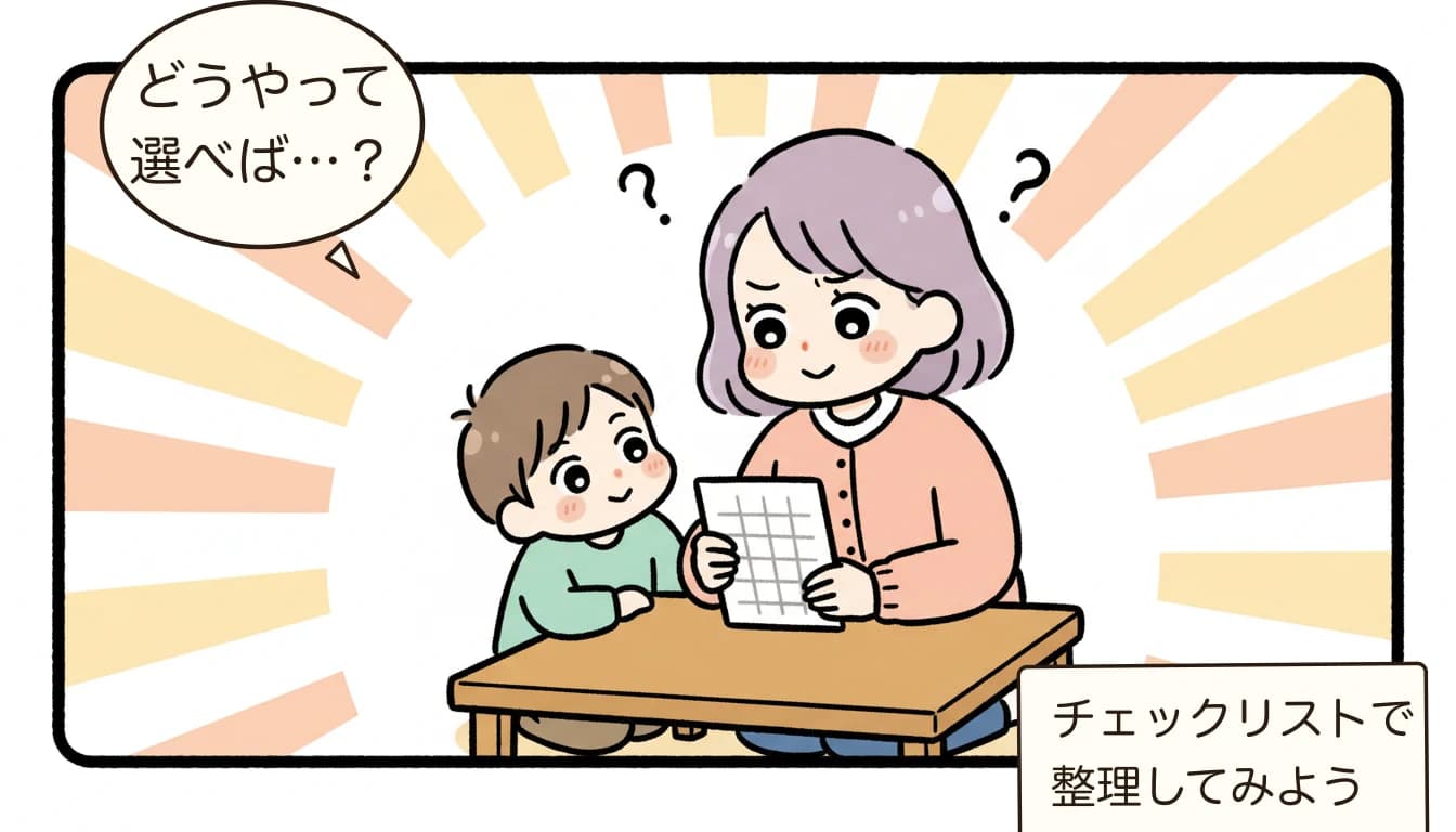 自治体別・放課後子ども事業まとめ｜わくわくプラザ・すまいるスクール・キッズクラブの違いを考える母親がチェックリストを見ながら悩むコミックエッセイ風イラスト