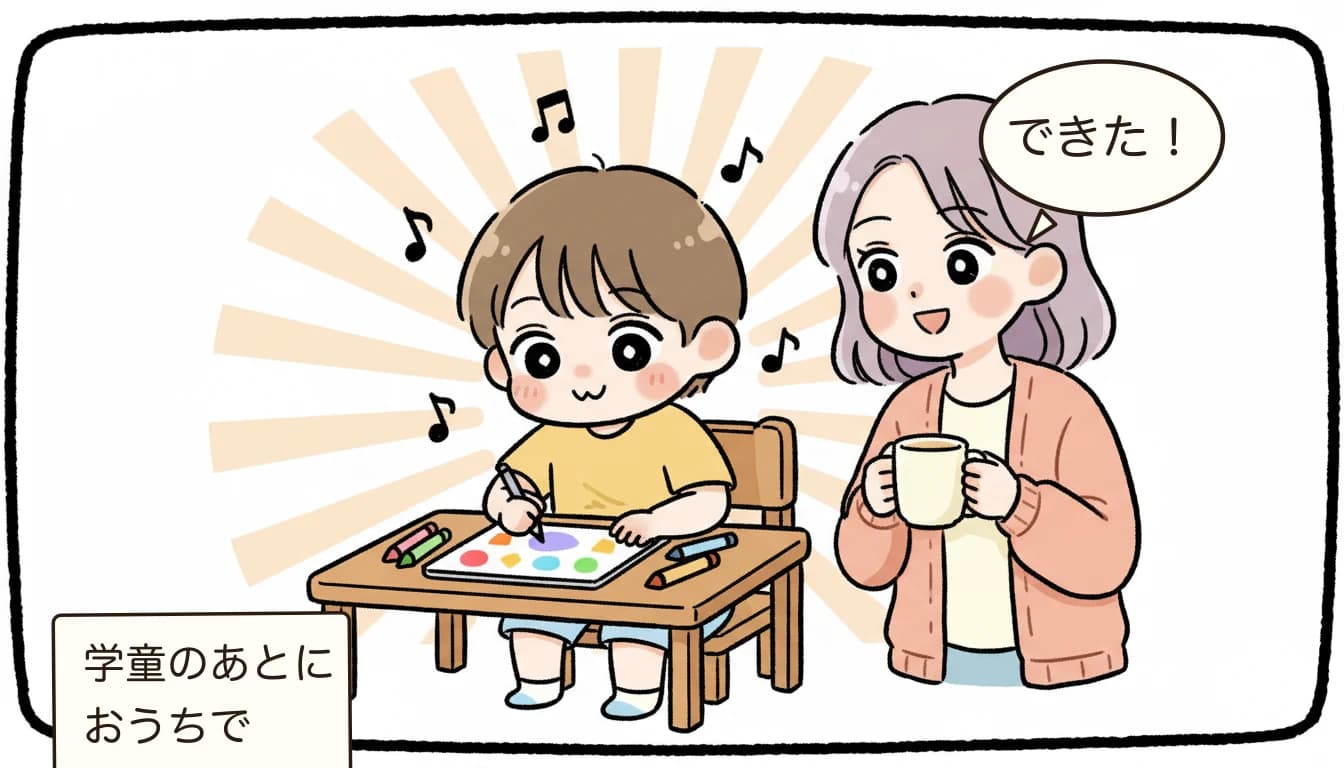 学童と両立できる習い事完全ガイド 共働き家庭の選び方とおすすめ15選【2026年版】に取り組んで楽しむ小学生と見守る母親を描いたコミックエッセイ風イラスト