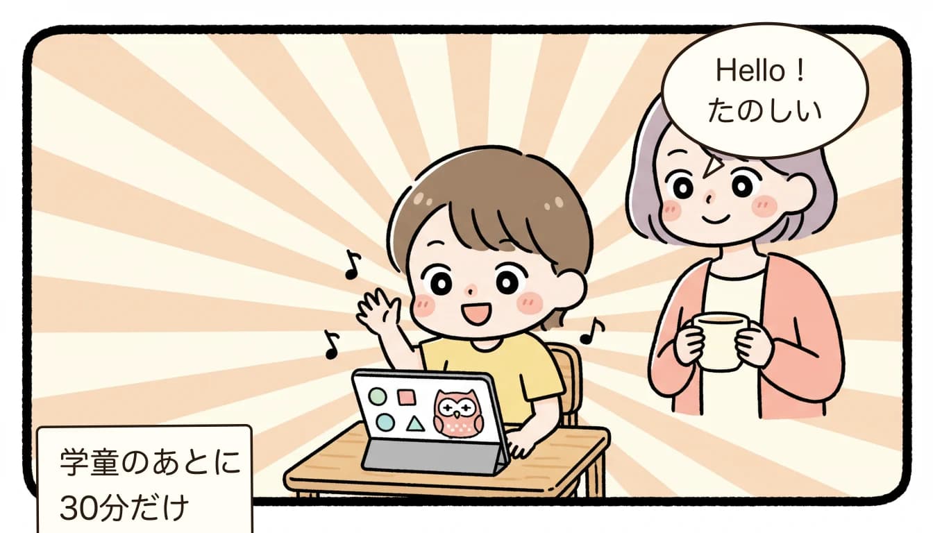 学童帰りにタブレットでオンライン英会話レッスンを楽しむ小学生と見守る母親を描いたコミックエッセイ風イラスト