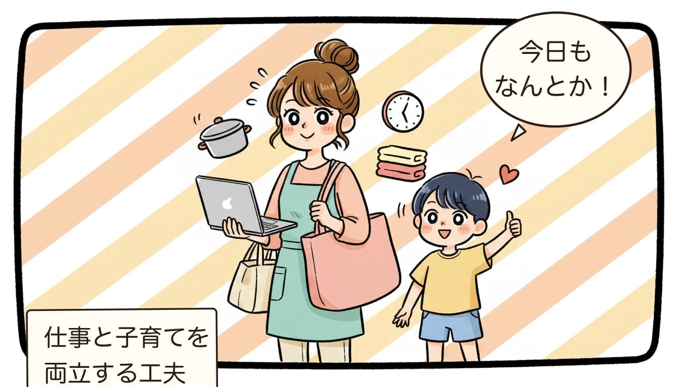 仕事と子育てを両立する共働きママと応援する子どもを描いたコミックエッセイ風イラスト
