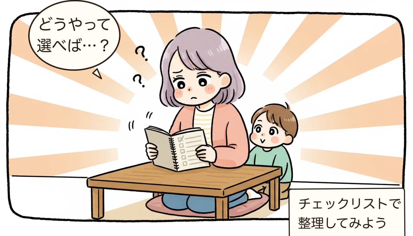 民間学童ランキングで本当に見るべき7つの比較軸【選び方ガイド2026】を考える母親がチェックリストを見ながら悩むコミックエッセイ風イラスト
