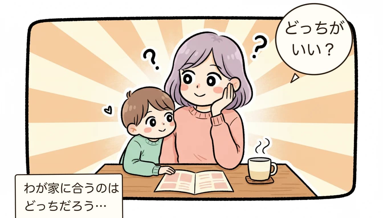 2つの選択肢を比較検討する母親と子どものコミックエッセイ風イラスト