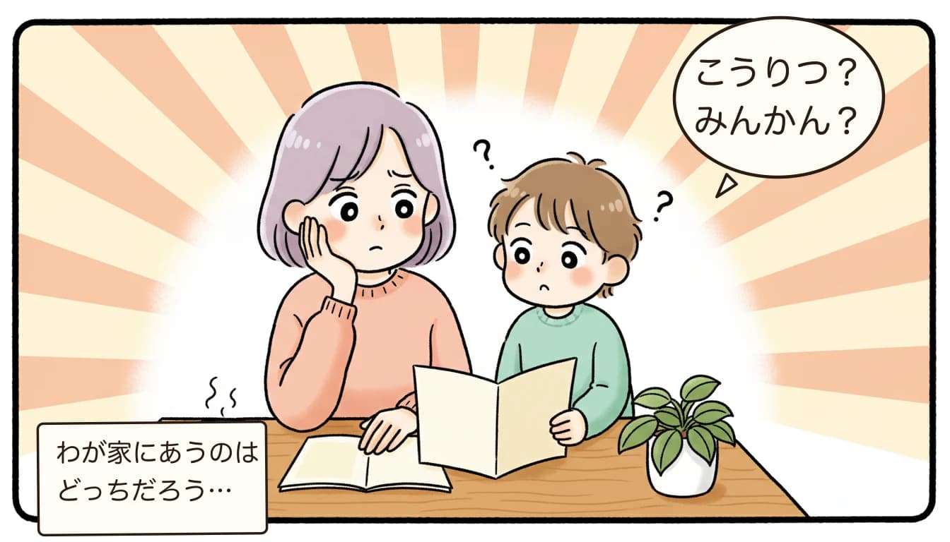 お母さんが台所のテーブルで公立学童と民間学童のパンフレットを見比べて検討している、やわらかい水彩スケッチ風のイラスト