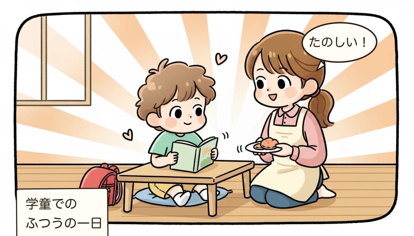 学童保育で子どもが楽しく過ごす日常を描いたコミックエッセイ風イラスト