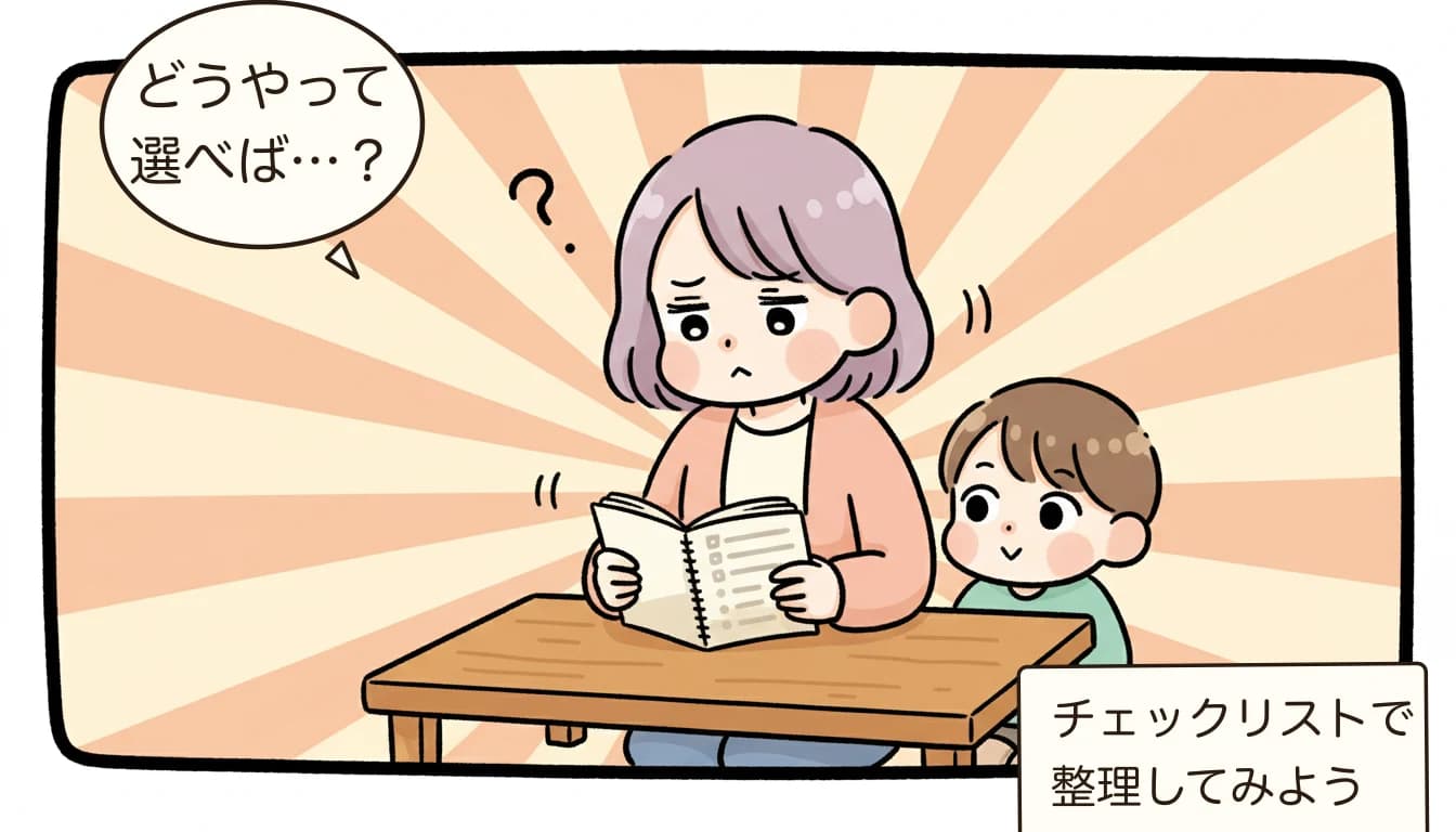 学童に落ちたらどうする？夏休みも安心の対処法7選【2026年】を考える母親がチェックリストを見ながら悩むコミックエッセイ風イラスト