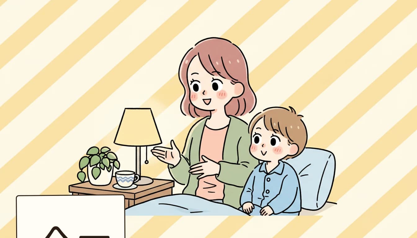 ステップ3：今は夫と一緒に子供向けオンライン英会話で楽しい時間にの内容を表すコミックエッセイ風イラスト