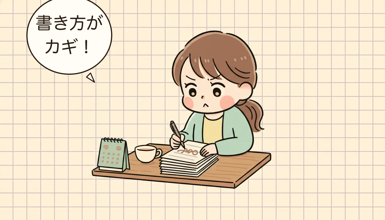 就労証明書の書き方を工夫する母親のコミックエッセイ風イラスト