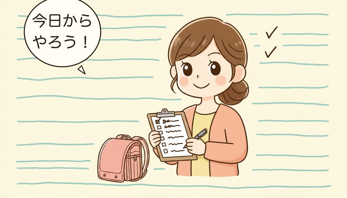 入所申込のチェックリストを手にする母親のコミックエッセイ風イラスト