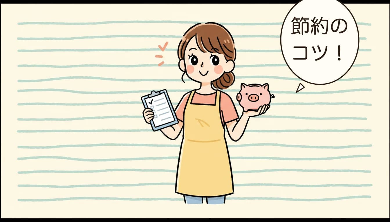 費用対策のチェックリストを手にする母親のコミックエッセイ風イラスト