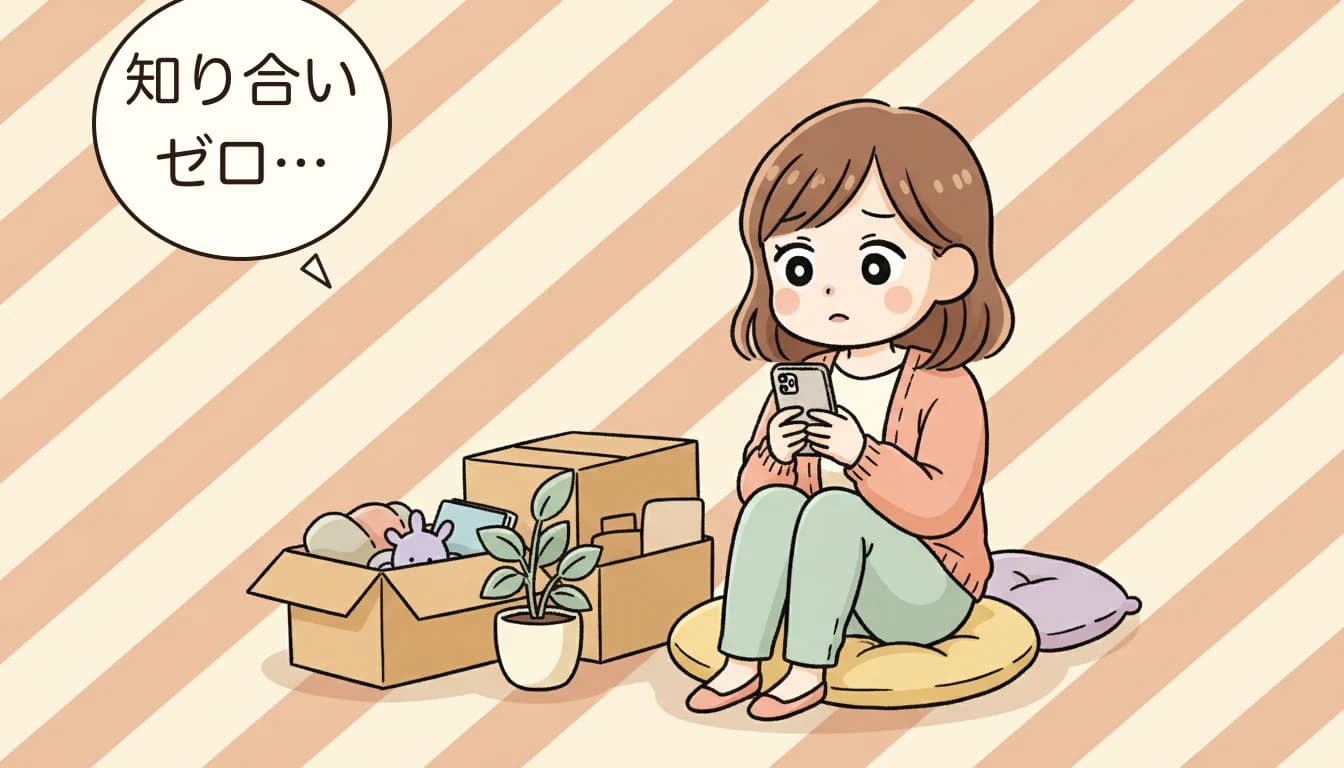 転居でママ友ゼロから情報収集を始める母親のコミックエッセイ風イラスト