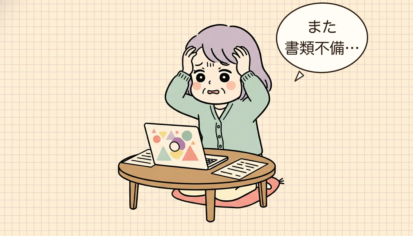 分かりにくい自治体サイトに頭を抱える母親のコミックエッセイ風イラスト