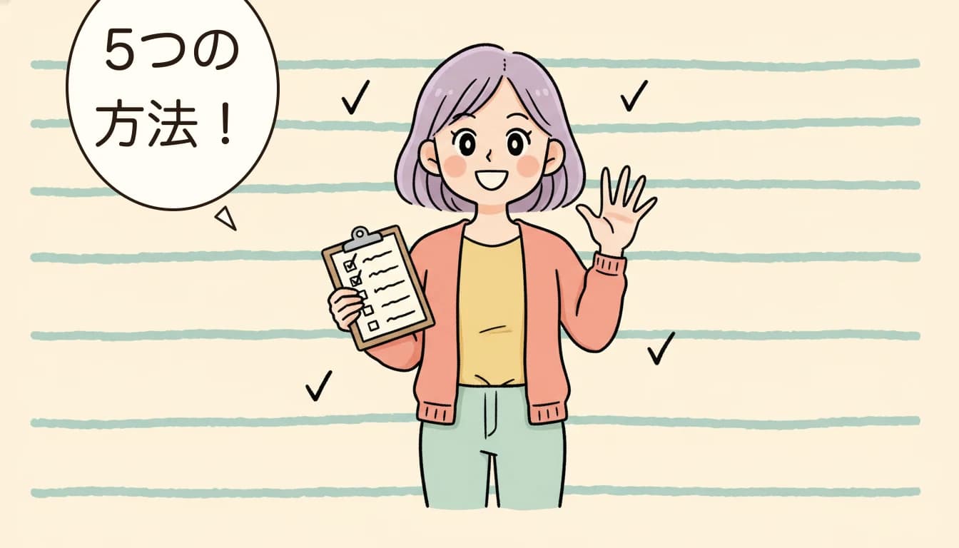 信頼できる情報源リストを掲げる母親のコミックエッセイ風イラスト