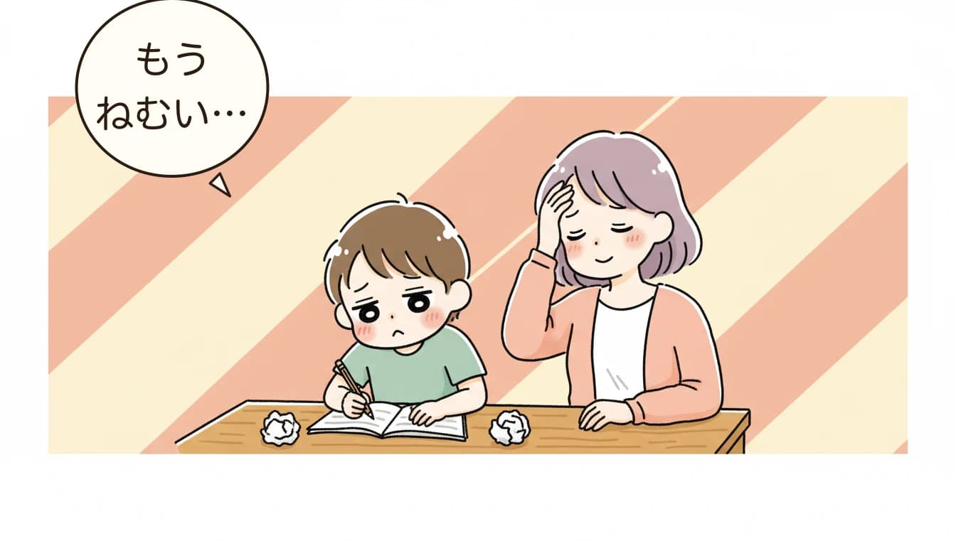 夜の宿題バトルで疲弊する親子のコミックエッセイ風イラスト